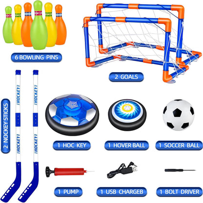 Hover Soccer Ball for Kids, 4-in-1 Air Floating Soccer Toy Set, Rechargeable Hover Soccer & Hockey Ball with LED Light, Indoor Outdoor Toys for Kids, Sport Toys Gift for Boys Girls 3 to 12 Years Old
