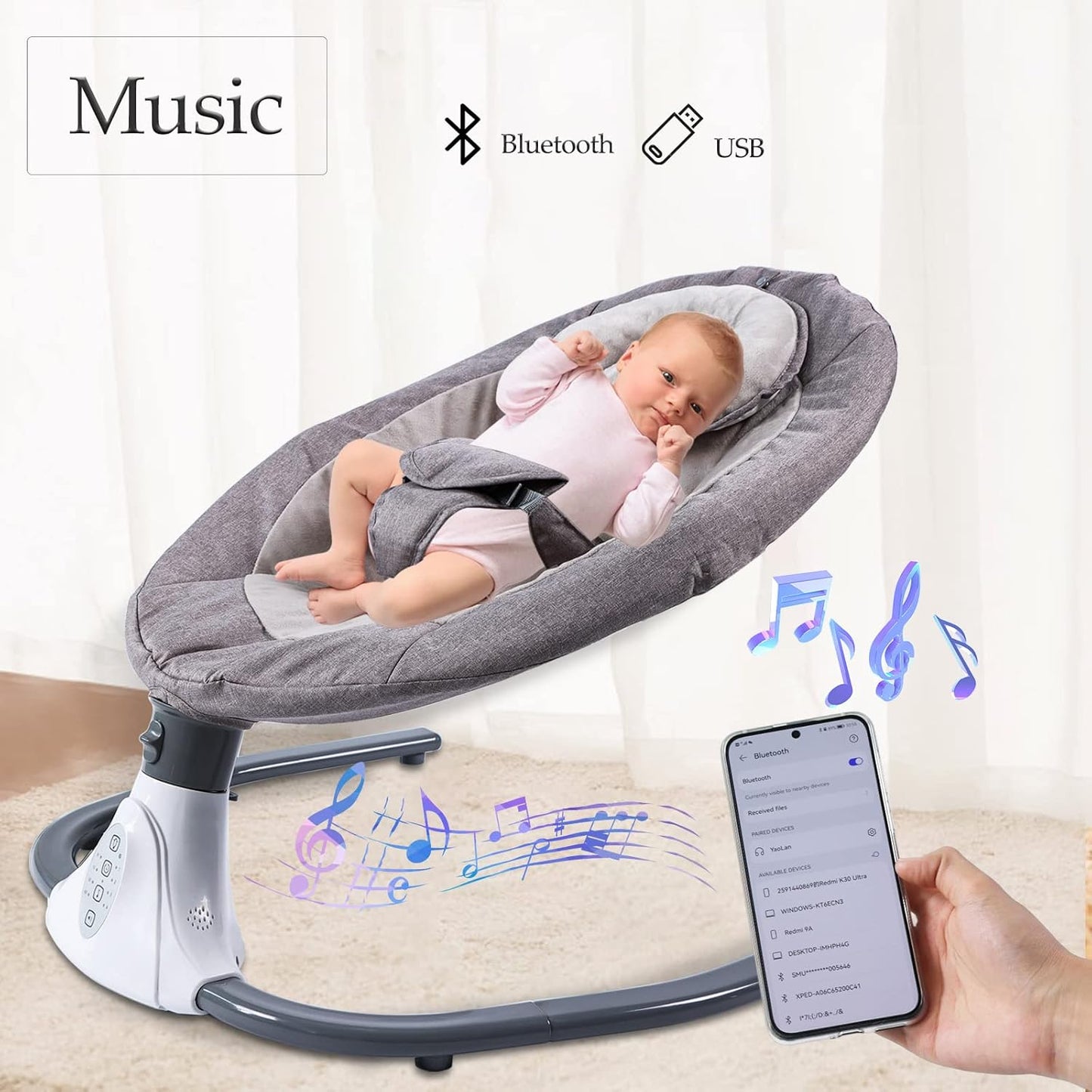 Electric Baby Swing for Infants, Baby Swing Rocker Bouncer with 4 Rocking Speed, 3 Seat Positions Adjustment, Remote Control Baby Swing Rocker for Infants to Toddler 0-18 Months(Gray)