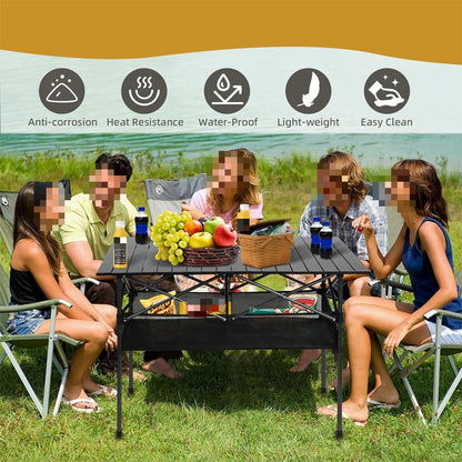 Eotvia Camping Table with Carry Bag, Folding Camping Table with Storage, Carbon Steel Roll up Table with Adjustable Height, Portable Picnic Table for Outdoor Camping Travel Backyard BBQ Patio Beach