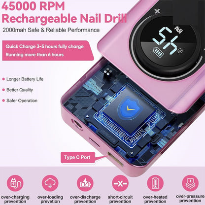 Portable Electric Nail Drill Manicure Pedicure Polishing Shape Tools for Nail Care Beauty Home Salon Use - 45000RPM, Purple