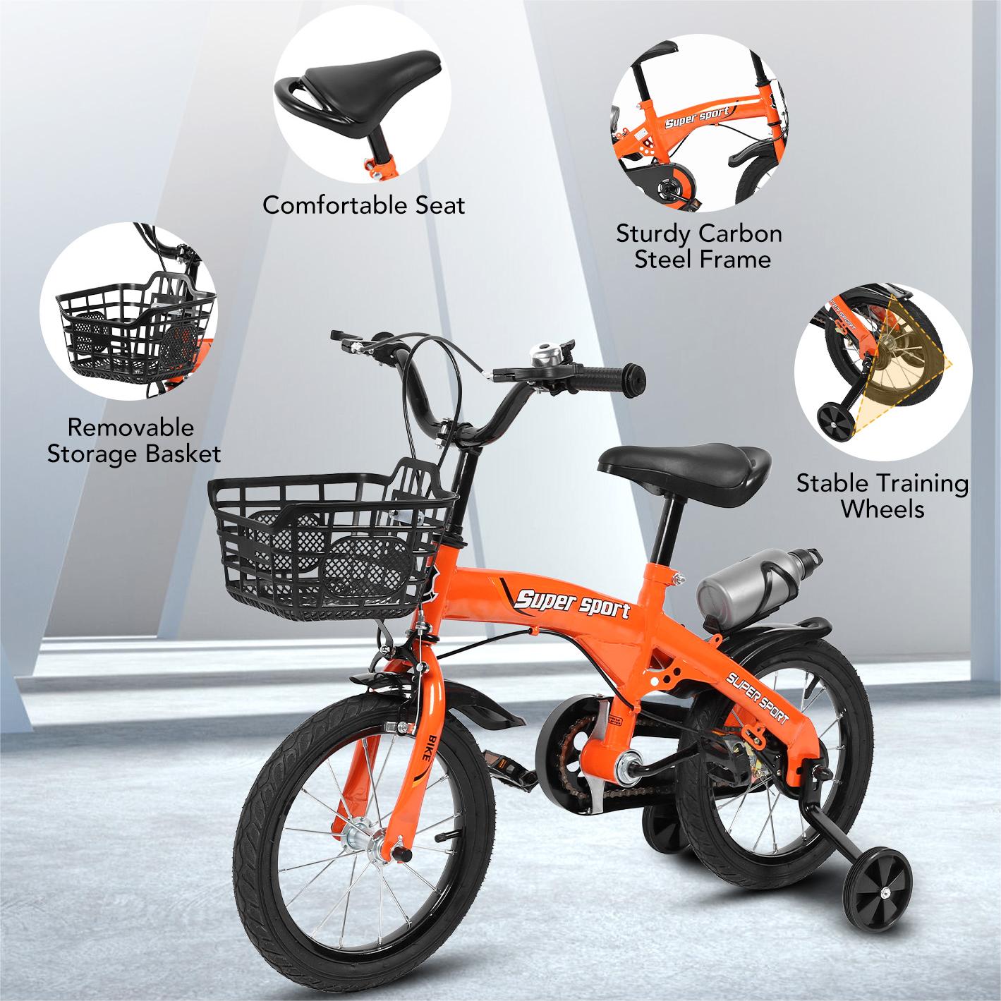 16" Kids Bike with Training Wheels, Height Adjustable Kid's Bicycle with Basket/Water Bottle/Inflator/Bell, Christmas Birthday New Year Xmas Gifts for Girls Boys Toddlers Kids 3 to 8 Years Old