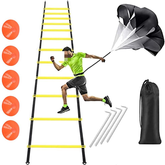 Eotvia Agility Ladder, 20 ft Speed Training Equipment Includes 12 Rungs, 1 Running Parachute, 5 Disc Cones, 4 Steel Stakes, 1 Carry Bag, Speed Agility Training Set for Football Basketball Hockey