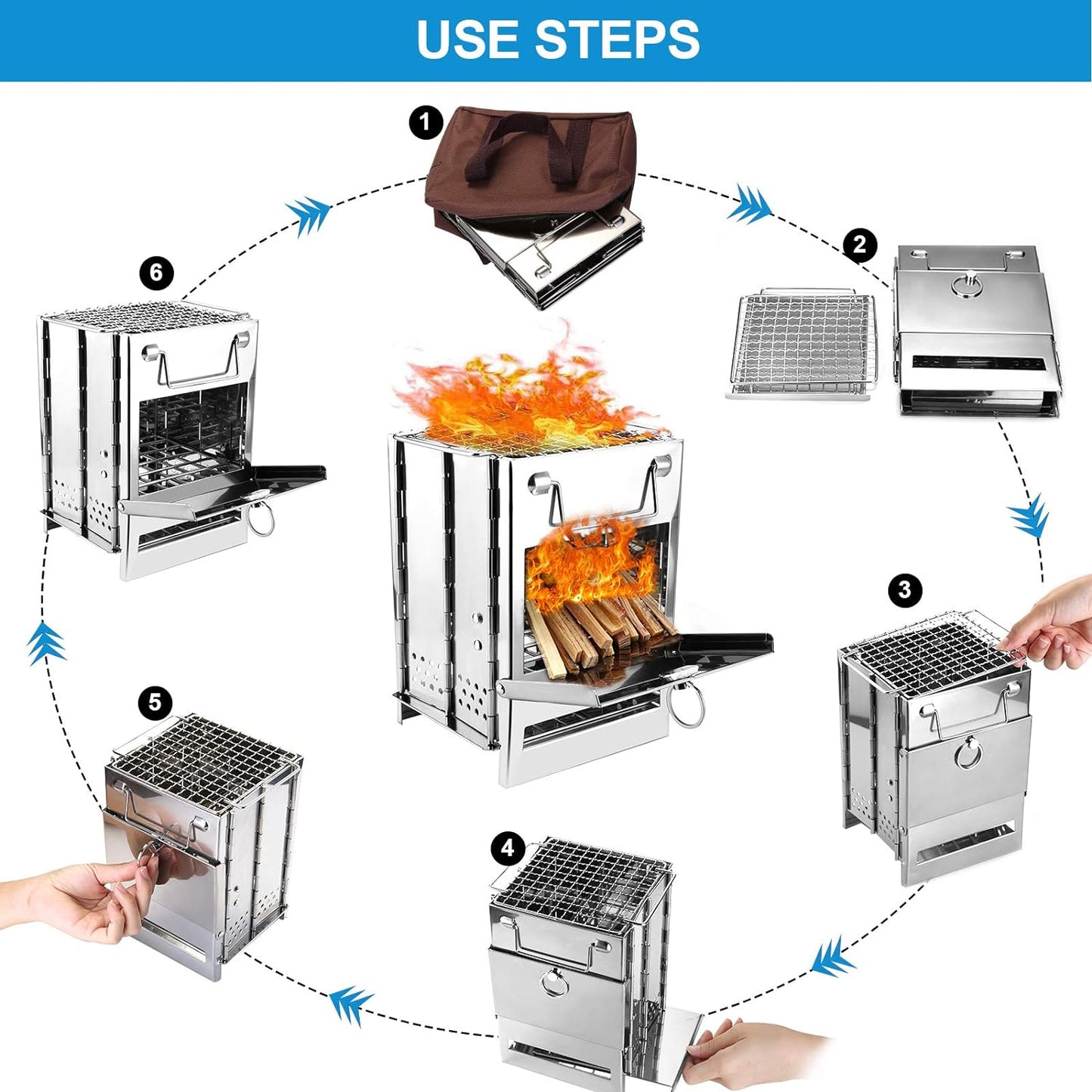 Camping Stove Portable Stainless Steel Backpacking Stove, Folding Lightweight Wood Burning Stove for Outdoor Survival Cooking Picnic Hunting, Mini BBQ Grill with Carry Bag