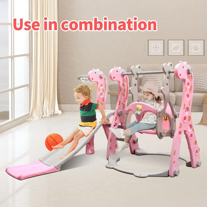 4 in 1 Toddler Swing and Slide Set for Kids Age 1 to 5, Toddler Indoor Playground for Children Baby Swing Set with Swing, Climber, Ball, Basketball Hoop and Long Slide for Boys and Girls