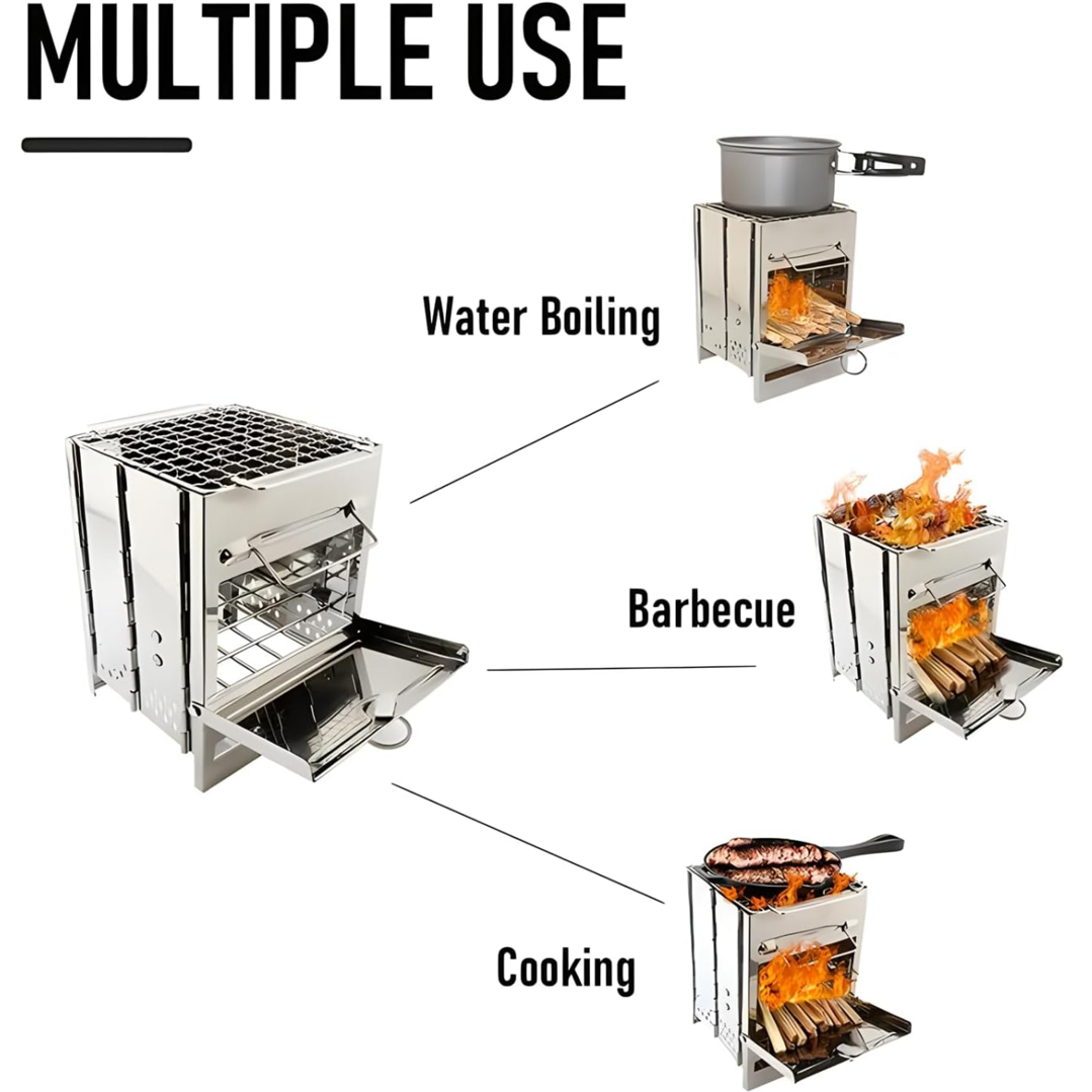 Camping Stove Portable Stainless Steel Backpacking Stove, Folding Lightweight Wood Burning Stove for Outdoor Survival Cooking Picnic Hunting, Mini BBQ Grill with Carry Bag