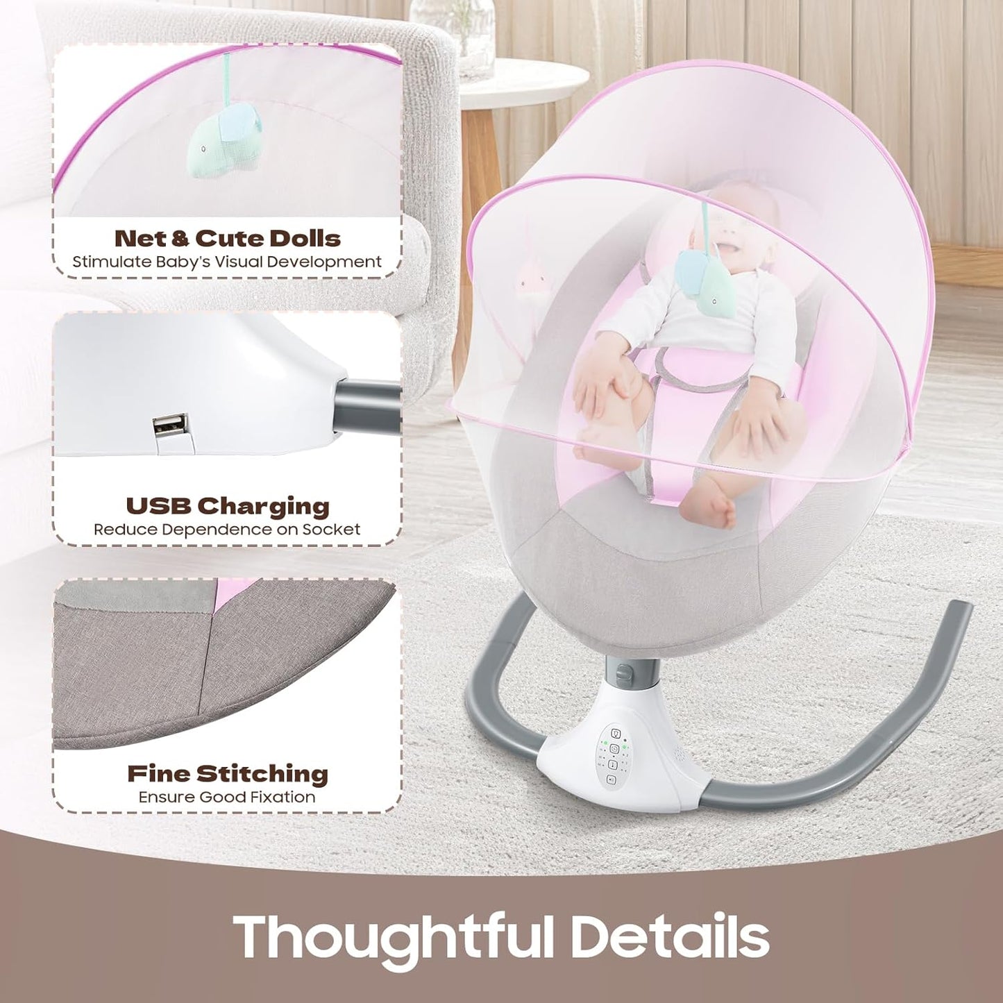 Baby Swings for Infants to Toddler, Electric Baby Swing, Bluetooth Enabled Portable Baby Rocker with Remote Control, 4 Swing Speeds & 12 Lullabies for Newborns 0-18 Months(Pink)