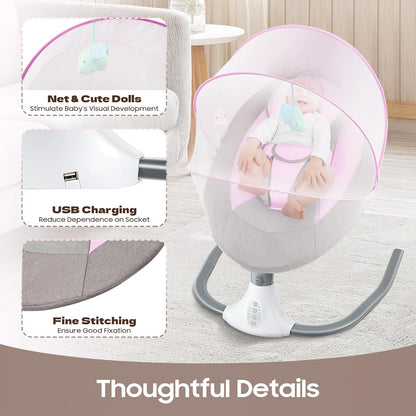 Baby Swings for Infants to Toddler, Electric Baby Swing, Bluetooth Enabled Portable Baby Rocker with Remote Control, 4 Swing Speeds & 12 Lullabies for Newborns 0-18 Months(Pink)