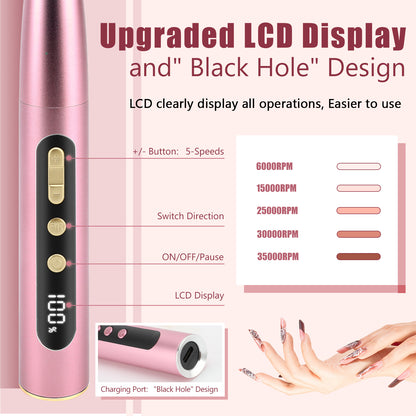 Portable Electric Nail Drill Manicure Pedicure Polishing Shape Tools for Nail Care Beauty Home Salon Use - 35000RPM, Pink