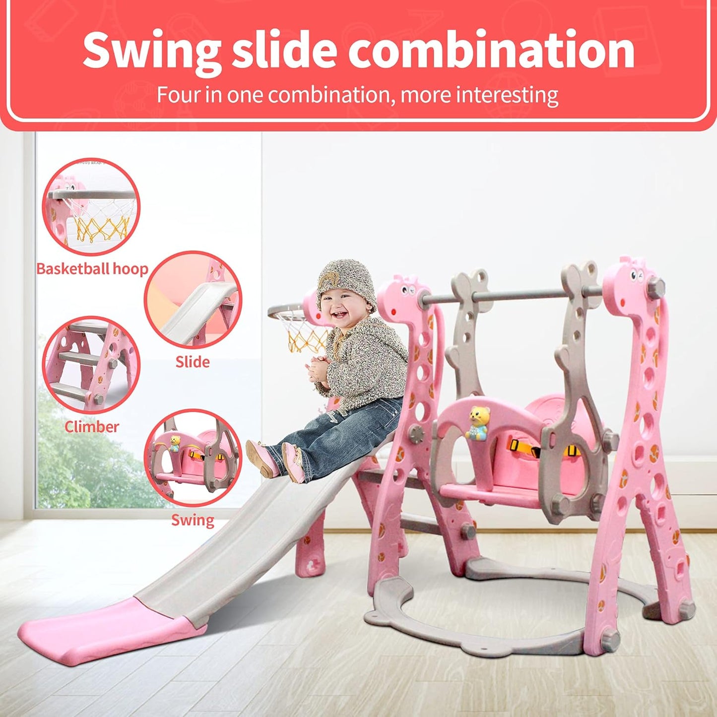 4 in 1 Toddler Swing and Slide Set for Kids Age 1 to 5, Toddler Indoor Playground for Children Baby Swing Set with Swing, Climber, Ball, Basketball Hoop and Long Slide for Boys and Girls
