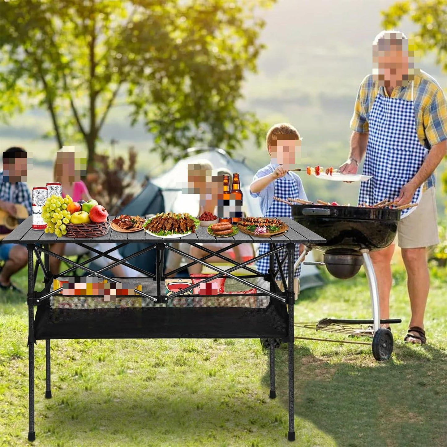 Eotvia Camping Table with Carry Bag, Folding Camping Table with Storage, Carbon Steel Roll up Table with Adjustable Height, Portable Picnic Table for Outdoor Camping Travel Backyard BBQ Patio Beach