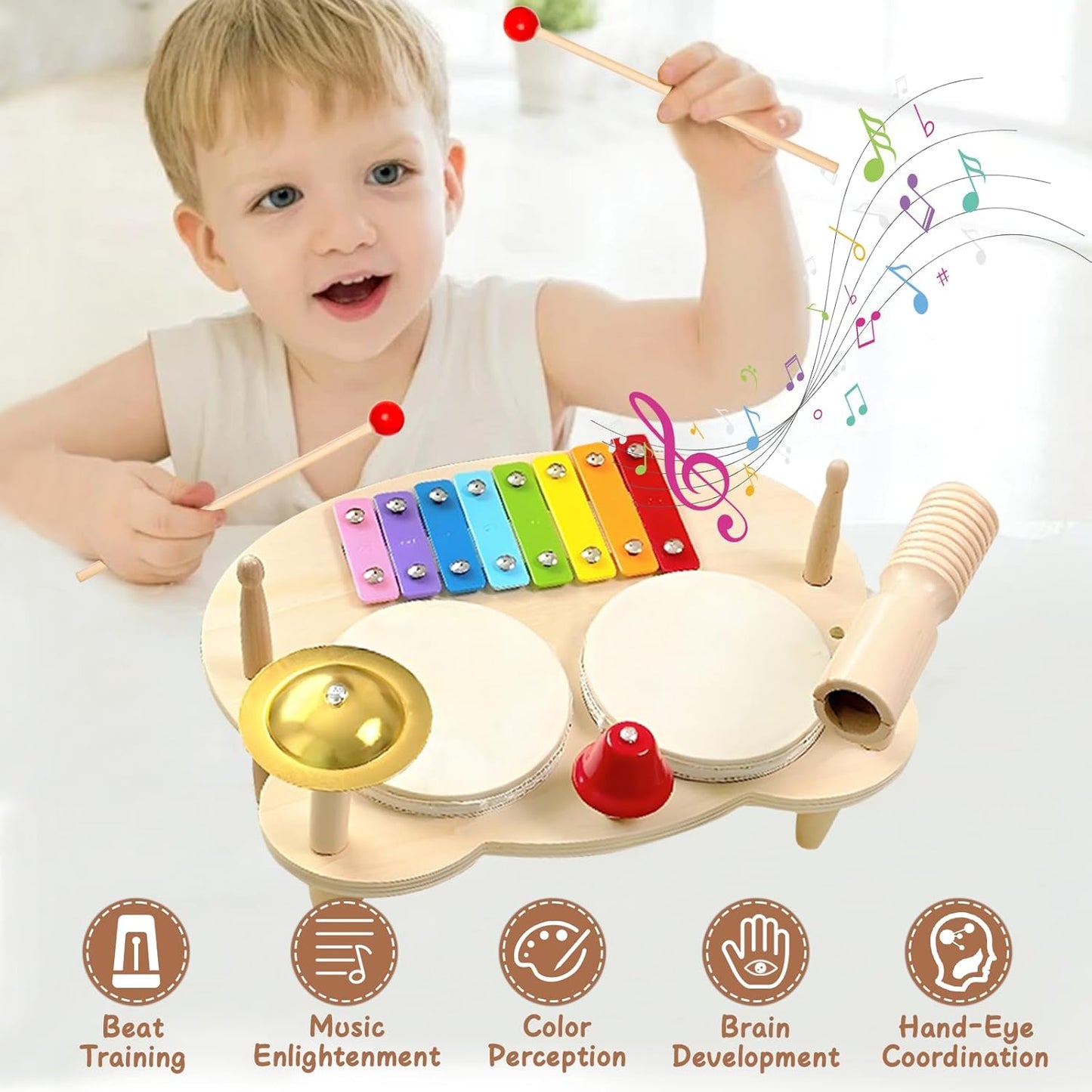 Toddler Drum Set, Xylophone Musical Instruments for Kids, Baby Drums Wood Montessori Music Toy