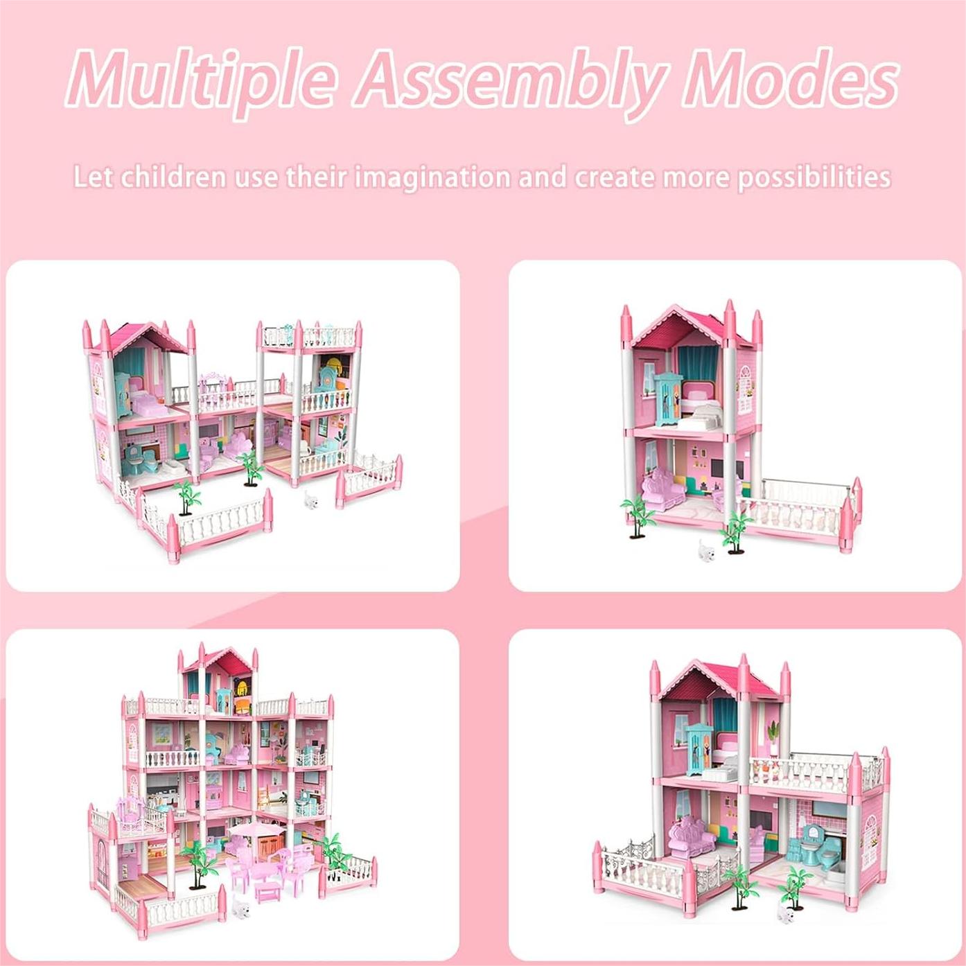Dollhouse Girls Dreamhouse Playset,14 Room Dollhouse with 4 Doll Toy Figure, Furniture and Accessories, Color Lights, Play House Gift Toys for Kids Ages 3+
