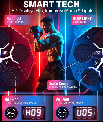 Music Boxing Machine for Adults, Smart Bluetooth Boxing Machine with Boxing Gloves, Wall Mounted Electronic Boxing Training Punching Equipment with Display Screen, Workout Machine for Home Indoor Gym