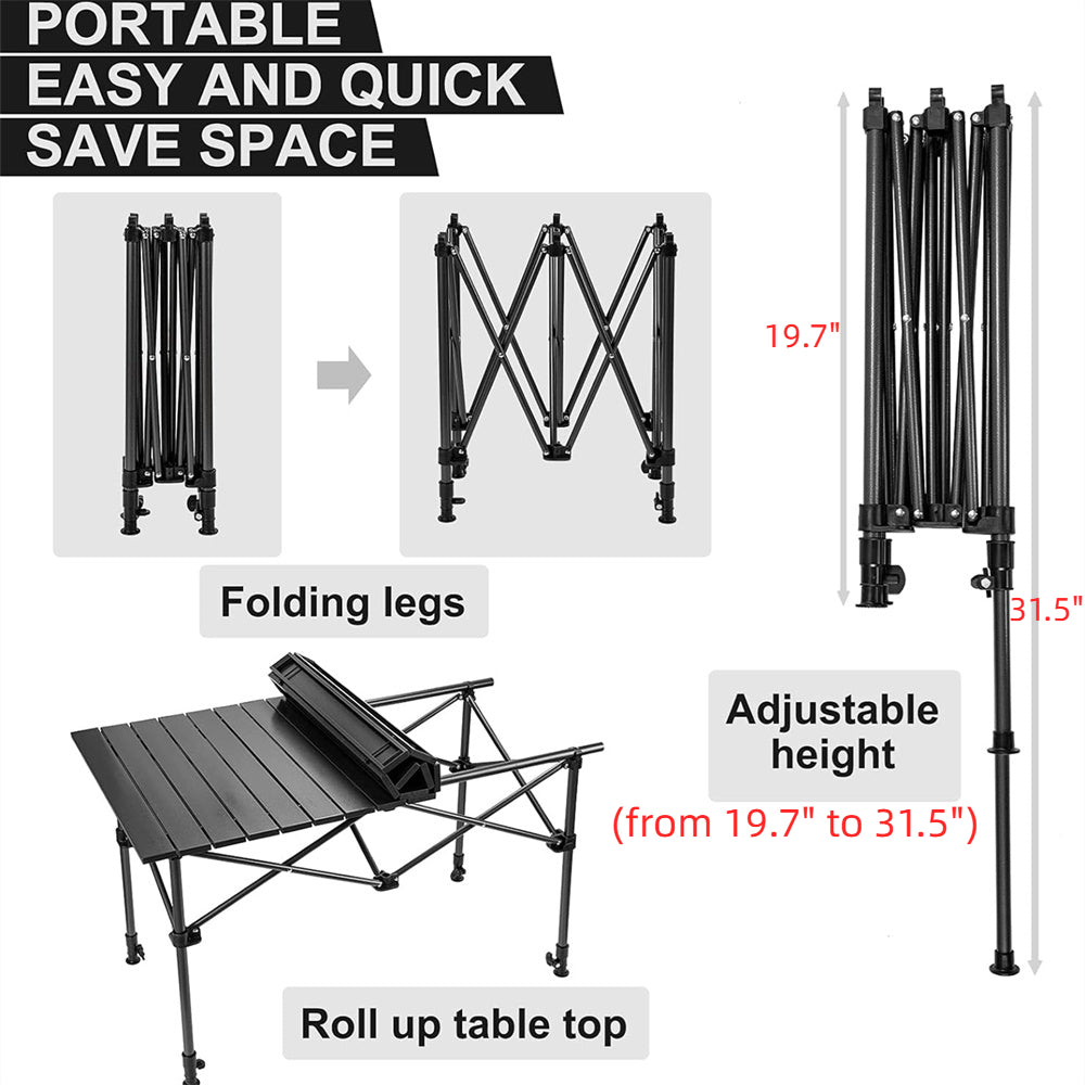 Eotvia Camping Table with Carry Bag, Folding Camping Table with Storage, Carbon Steel Roll up Table with Adjustable Height, Portable Picnic Table for Outdoor Camping Travel Backyard BBQ Patio Beach