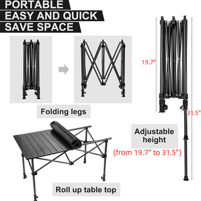 Eotvia Camping Table with Carry Bag, Folding Camping Table with Storage, Carbon Steel Roll up Table with Adjustable Height, Portable Picnic Table for Outdoor Camping Travel Backyard BBQ Patio Beach
