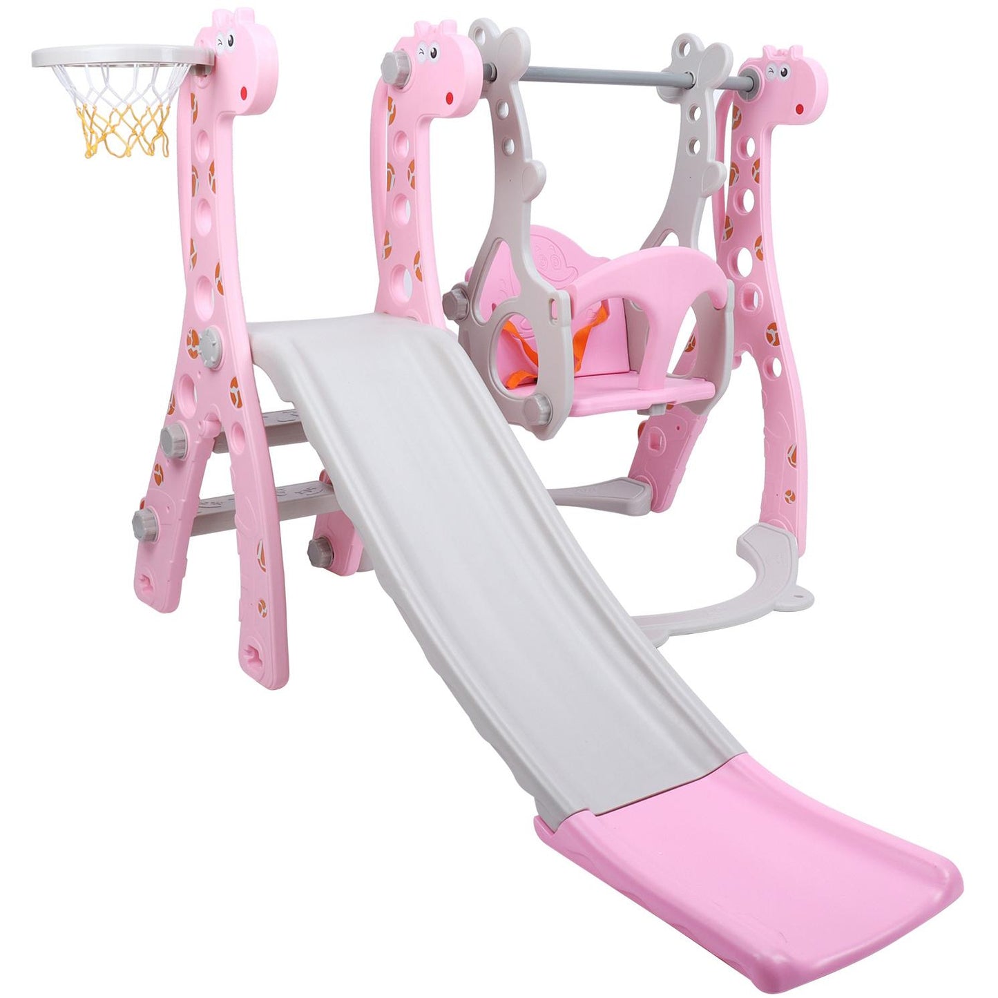 4 in 1 Toddler Swing and Slide Set for Kids Age 1 to 5, Toddler Indoor Playground for Children Baby Swing Set with Swing, Climber, Ball, Basketball Hoop and Long Slide for Boys and Girls