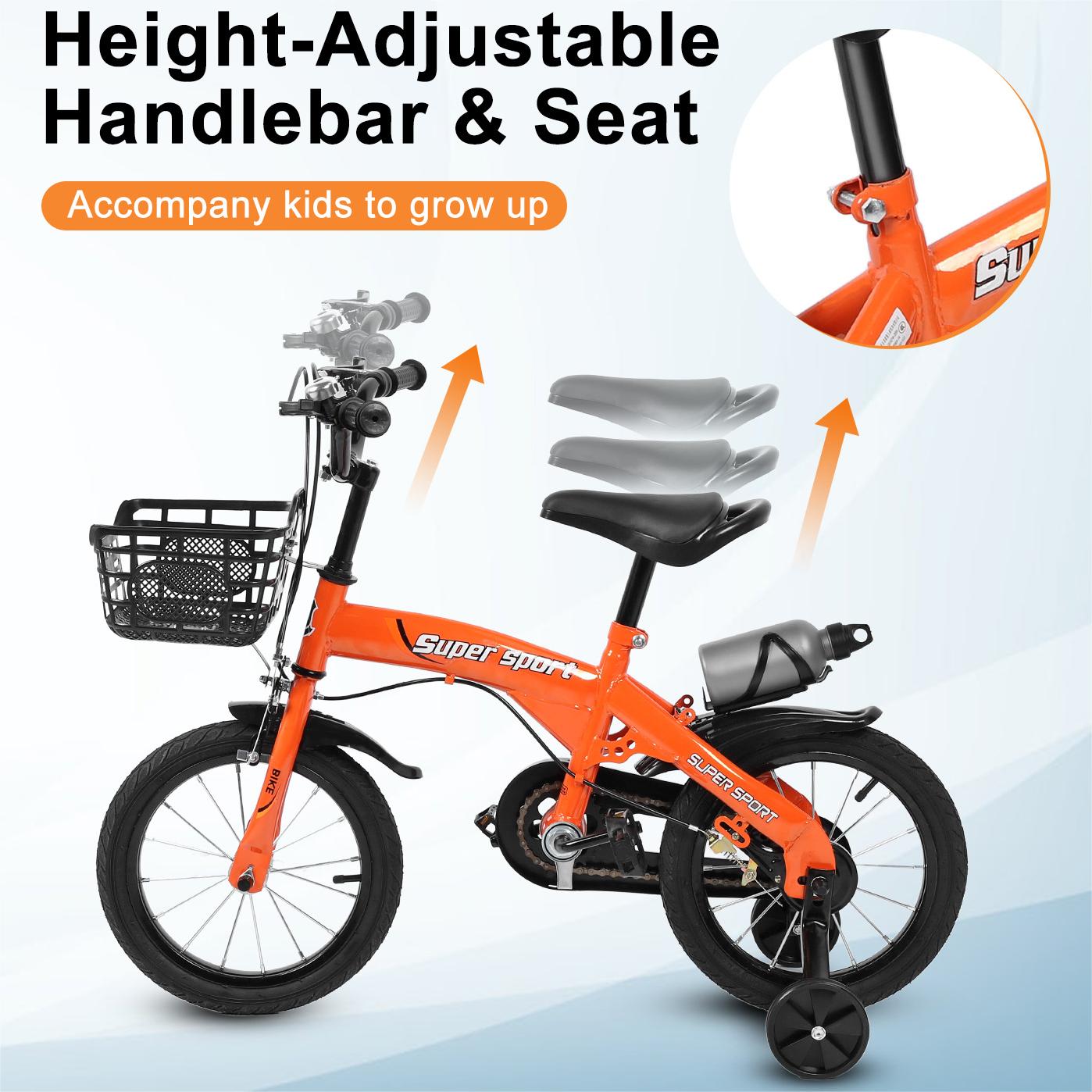 16" Kids Bike with Training Wheels, Height Adjustable Kid's Bicycle with Basket/Water Bottle/Inflator/Bell, Christmas Birthday New Year Xmas Gifts for Girls Boys Toddlers Kids 3 to 8 Years Old