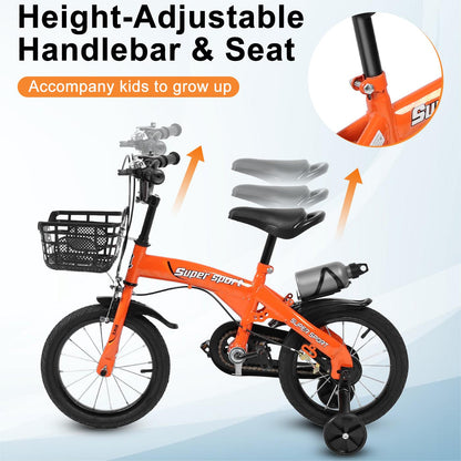16" Kids Bike with Training Wheels, Height Adjustable Kid's Bicycle with Basket/Water Bottle/Inflator/Bell, Christmas Birthday New Year Xmas Gifts for Girls Boys Toddlers Kids 3 to 8 Years Old