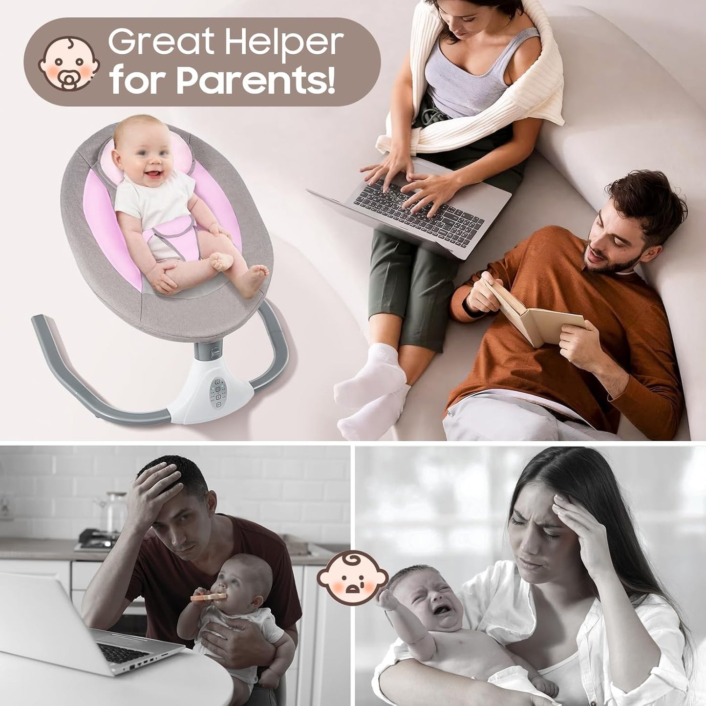 Baby Swings for Infants to Toddler, Electric Baby Swing, Bluetooth Enabled Portable Baby Rocker with Remote Control, 4 Swing Speeds & 12 Lullabies for Newborns 0-18 Months(Pink)
