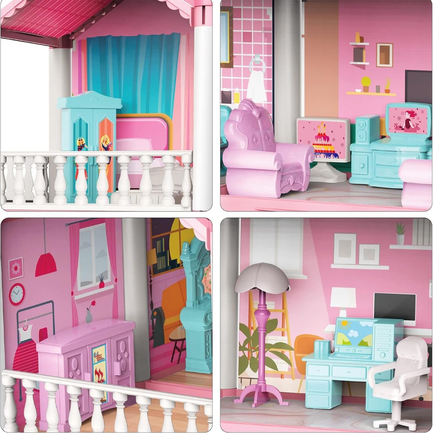 Dollhouse Girls Dreamhouse Playset,14 Room Dollhouse with 4 Doll Toy Figure, Furniture and Accessories, Color Lights, Play House Gift Toys for Kids Ages 3+