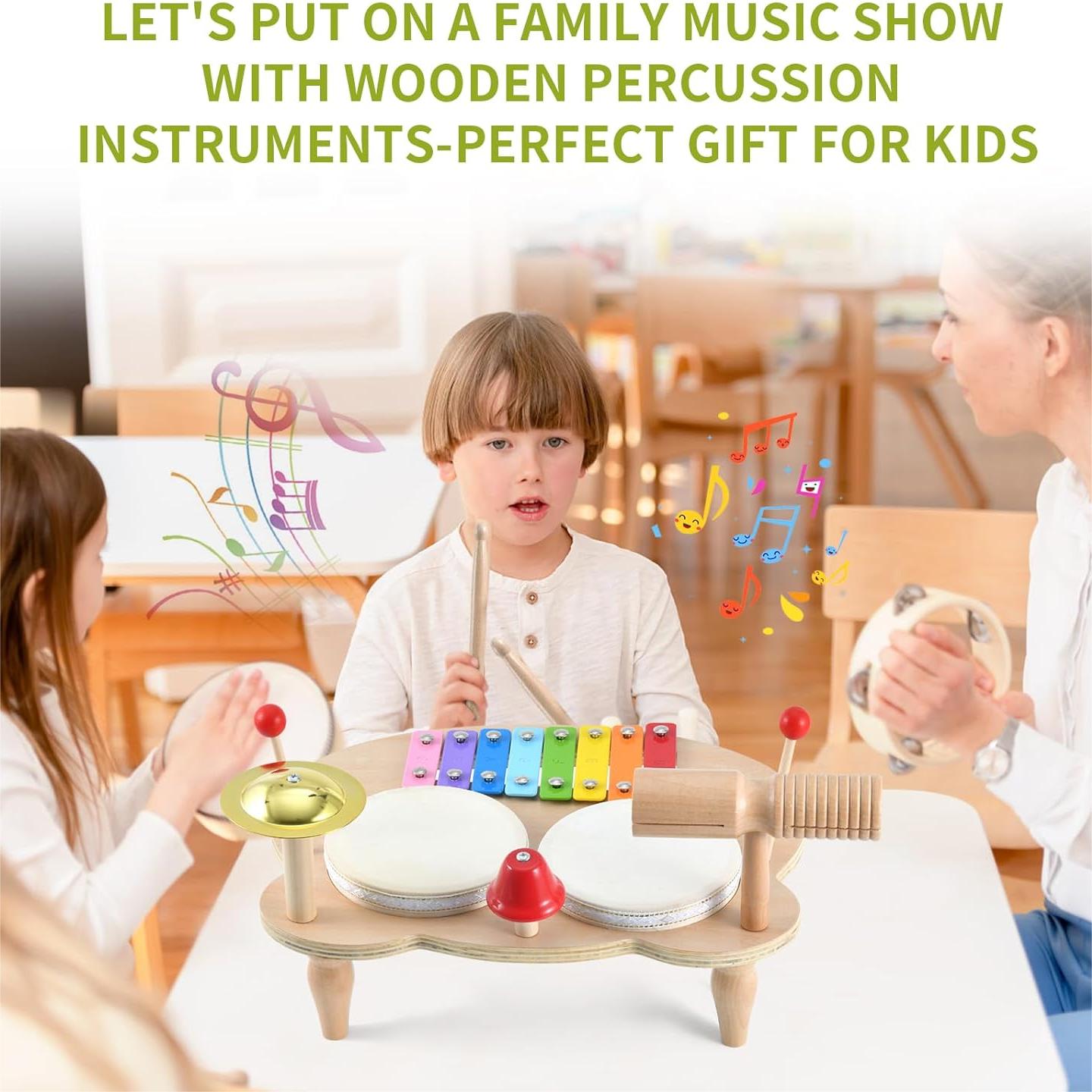 Toddler Drum Set, Xylophone Musical Instruments for Kids, Baby Drums Wood Montessori Music Toy