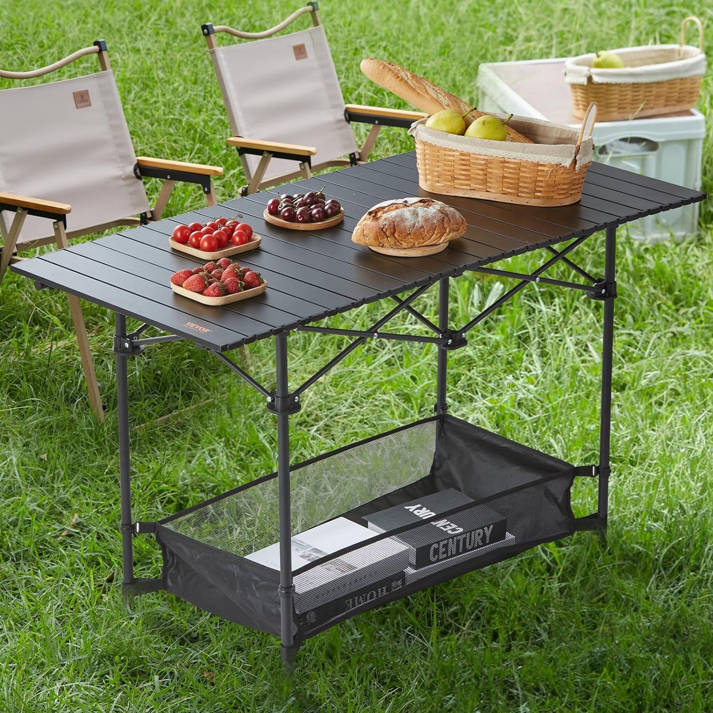 Eotvia Camping Table with Carry Bag, Folding Camping Table with Storage, Carbon Steel Roll up Table with Adjustable Height, Portable Picnic Table for Outdoor Camping Travel Backyard BBQ Patio Beach