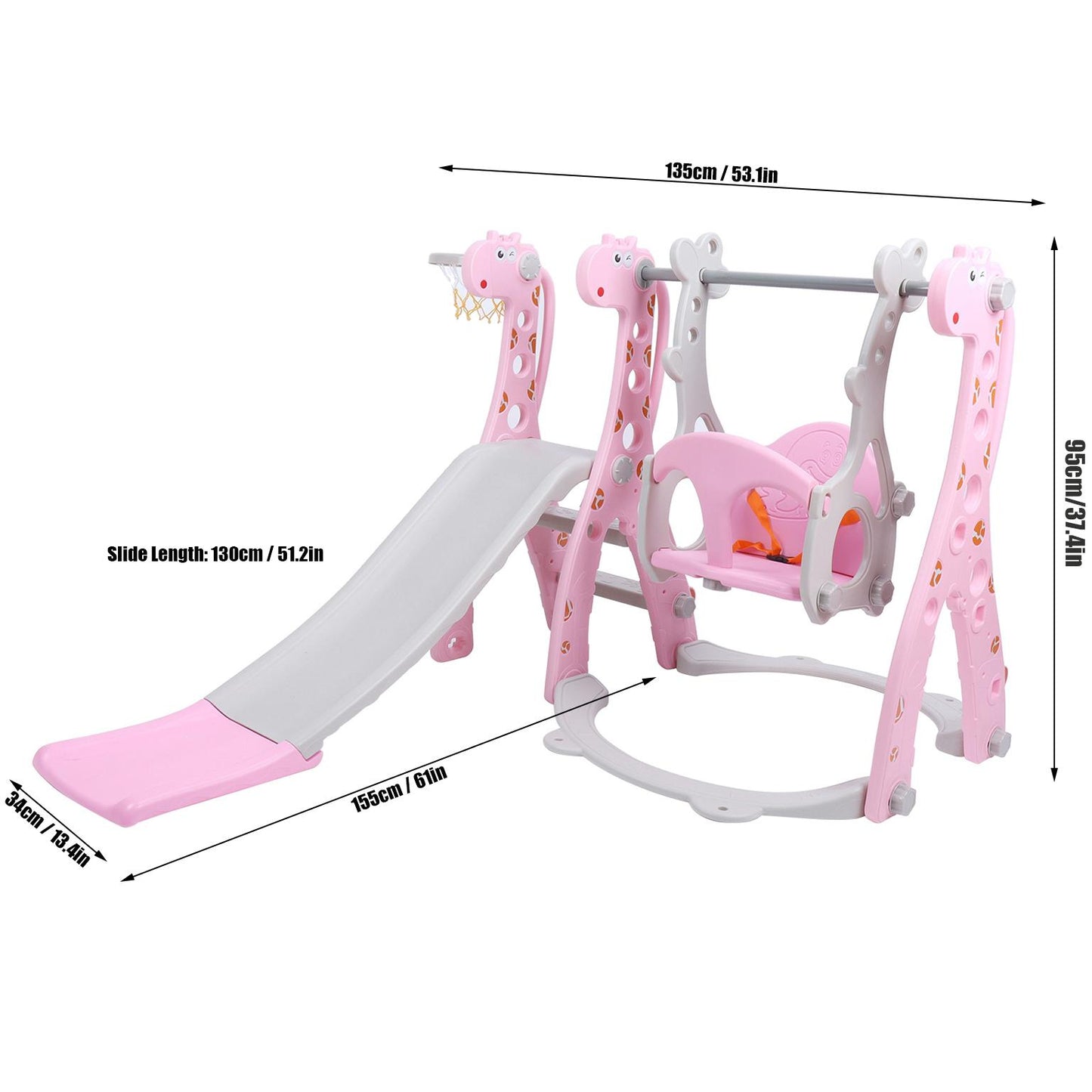 4 in 1 Toddler Swing and Slide Set for Kids Age 1 to 5, Toddler Indoor Playground for Children Baby Swing Set with Swing, Climber, Ball, Basketball Hoop and Long Slide for Boys and Girls