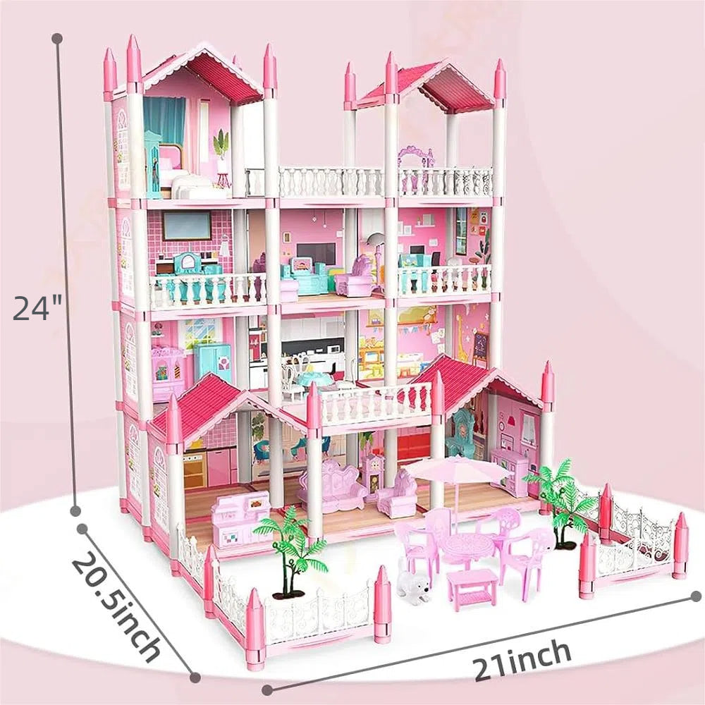 Dollhouse Girls Dreamhouse Playset,14 Room Dollhouse with 4 Doll Toy Figure, Furniture and Accessories, Color Lights, Play House Gift Toys for Kids Ages 3+