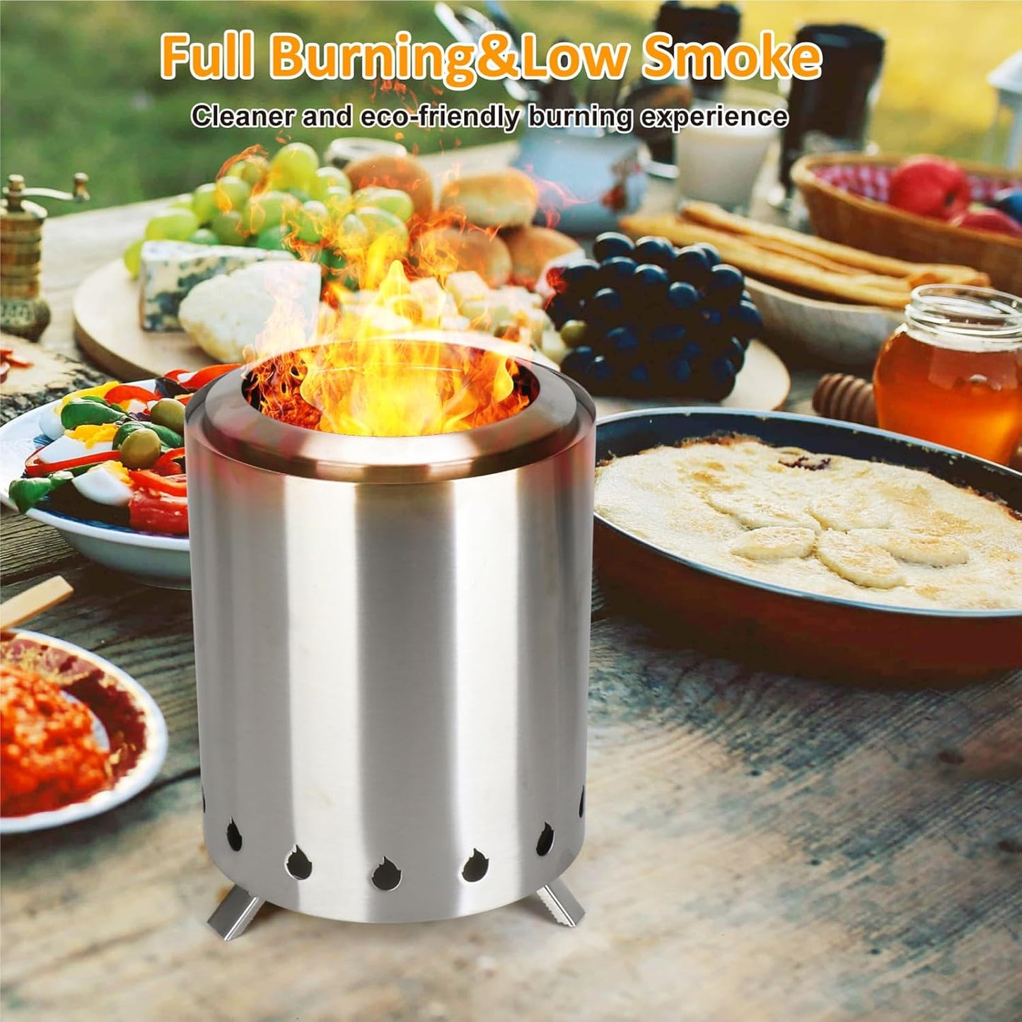 Tabletop Fire Pit with Portable Bag, Portable Smokeless Mini Fire Pit, Wood or Pellets Dual Fuel, Stainless Steel Fire Pit for Camping/Parties/Yard Entertainment, Silver