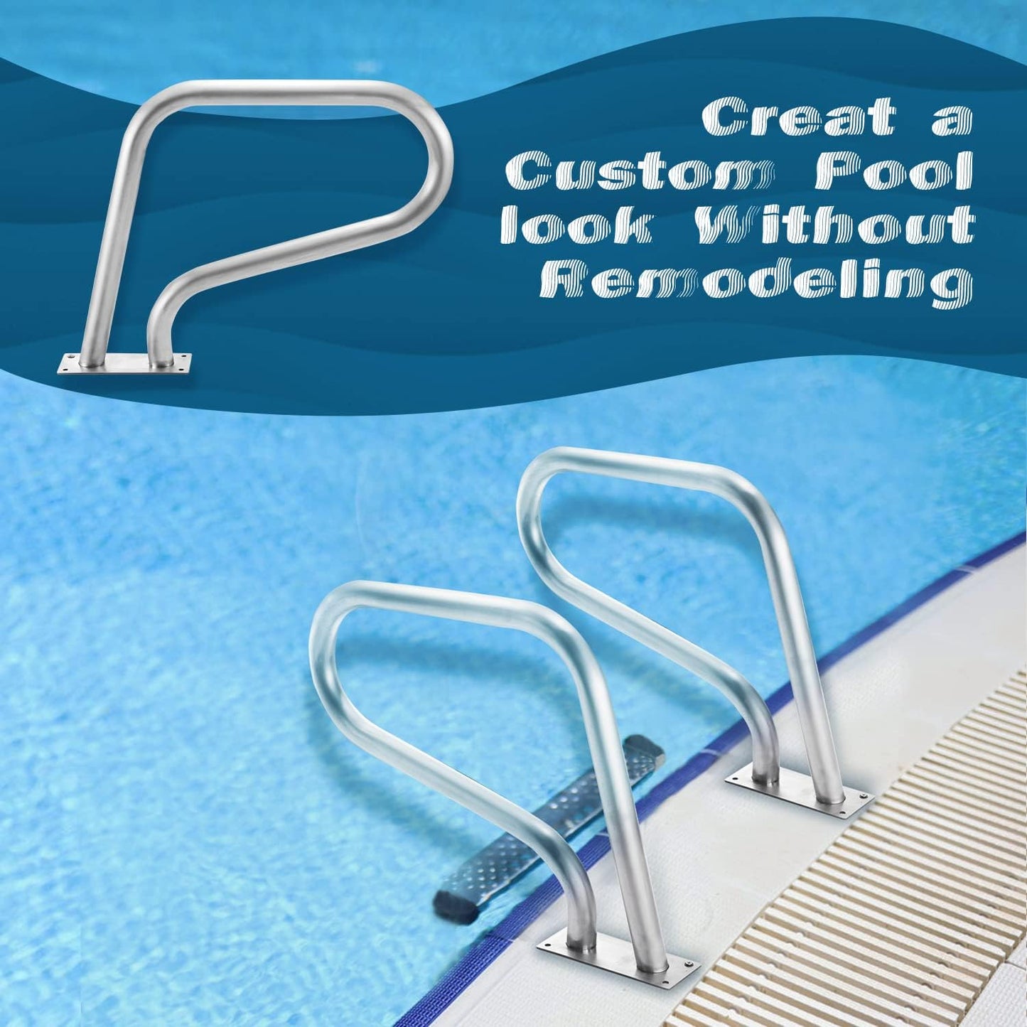31.5"x22.2" Pool Handrail, Swimming Pool Stair Rail Mounted Pool Rail with Base Plate, 304 Stainless Steel Safety Rail for Pools Spas, 375 lbs Load Capacity