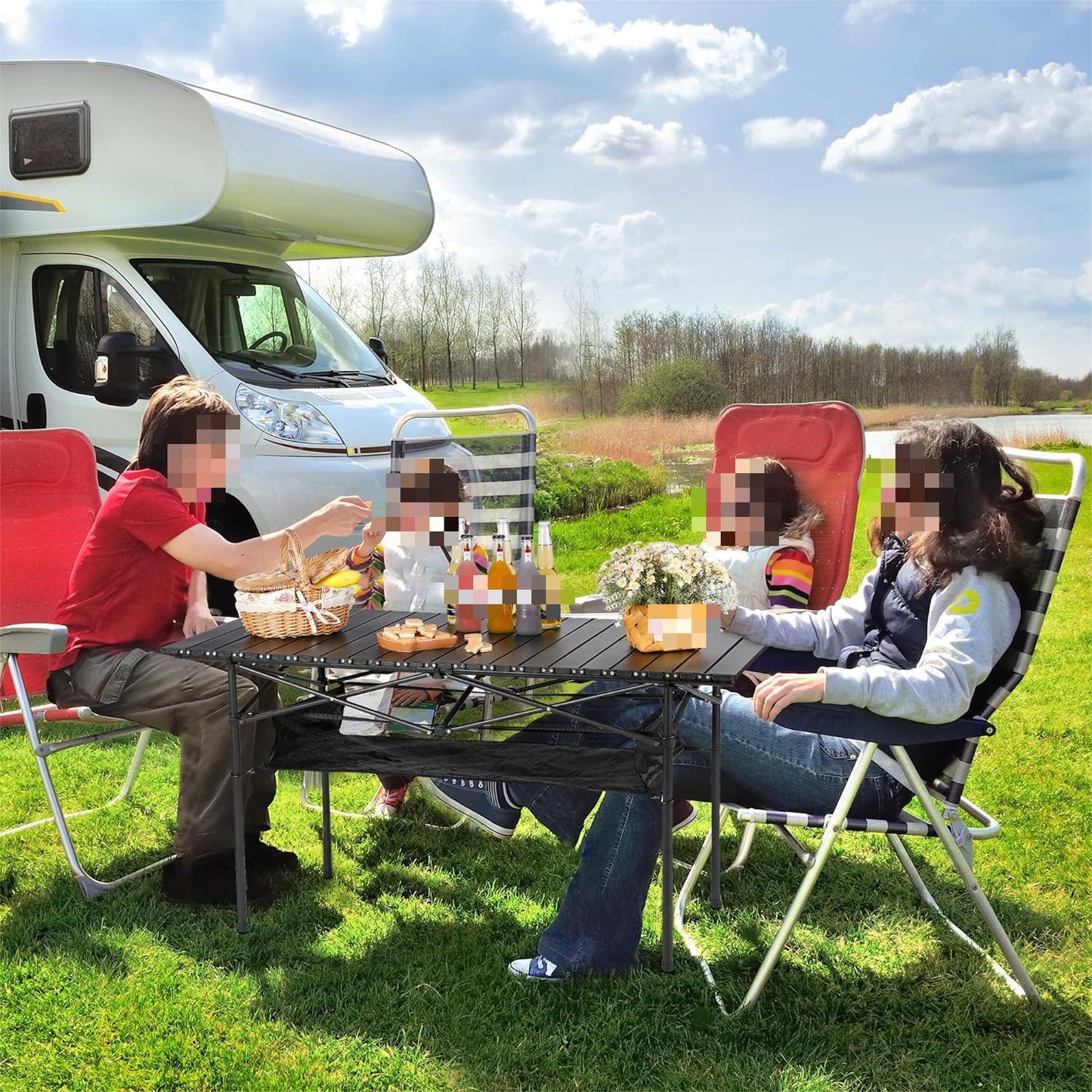 Eotvia Camping Table with Carry Bag, Folding Camping Table with Storage, Carbon Steel Roll up Table with Adjustable Height, Portable Picnic Table for Outdoor Camping Travel Backyard BBQ Patio Beach