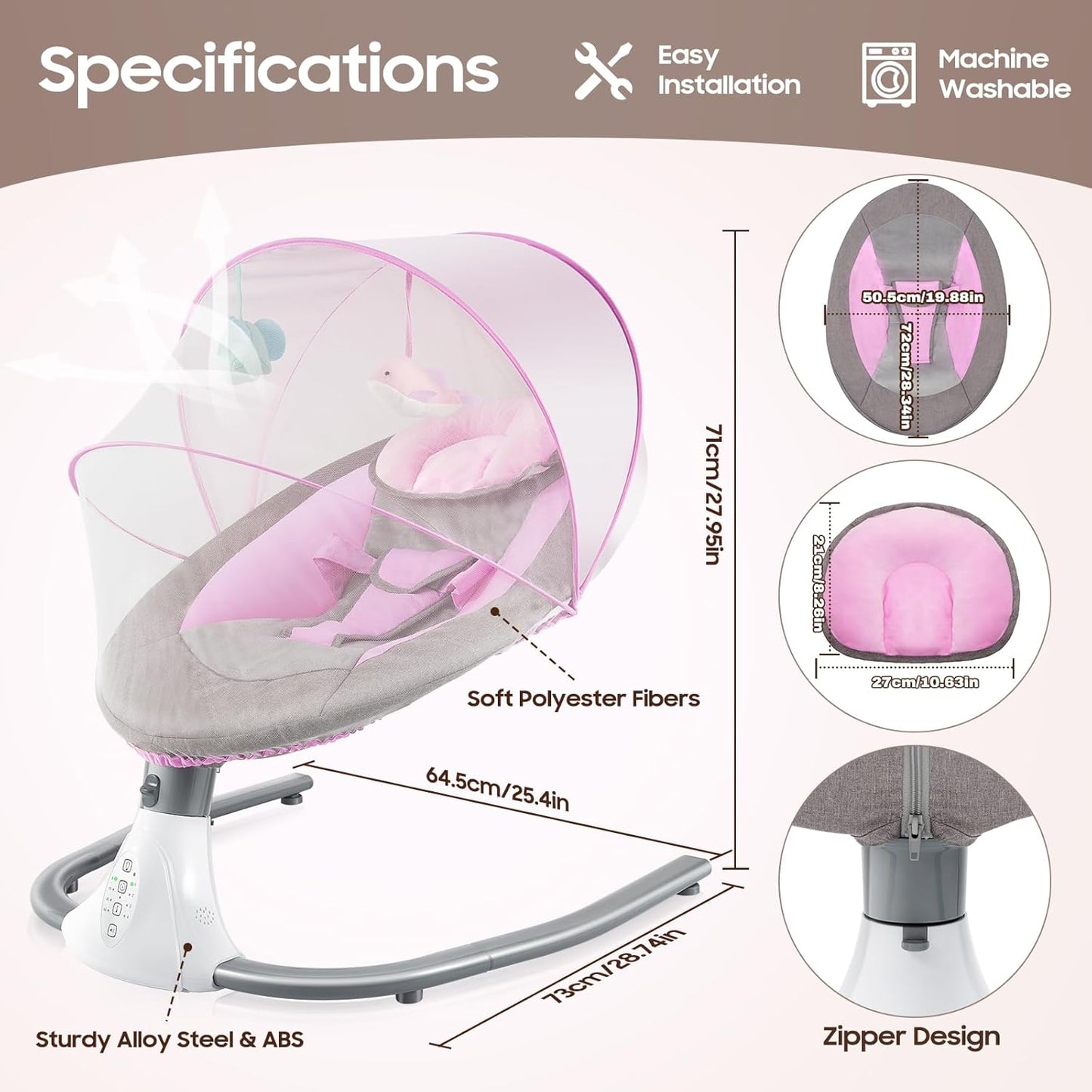 Baby Swings for Infants to Toddler, Electric Baby Swing, Bluetooth Enabled Portable Baby Rocker with Remote Control, 4 Swing Speeds & 12 Lullabies for Newborns 0-18 Months(Pink)