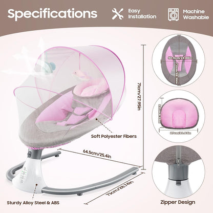 Baby Swings for Infants to Toddler, Electric Baby Swing, Bluetooth Enabled Portable Baby Rocker with Remote Control, 4 Swing Speeds & 12 Lullabies for Newborns 0-18 Months(Pink)