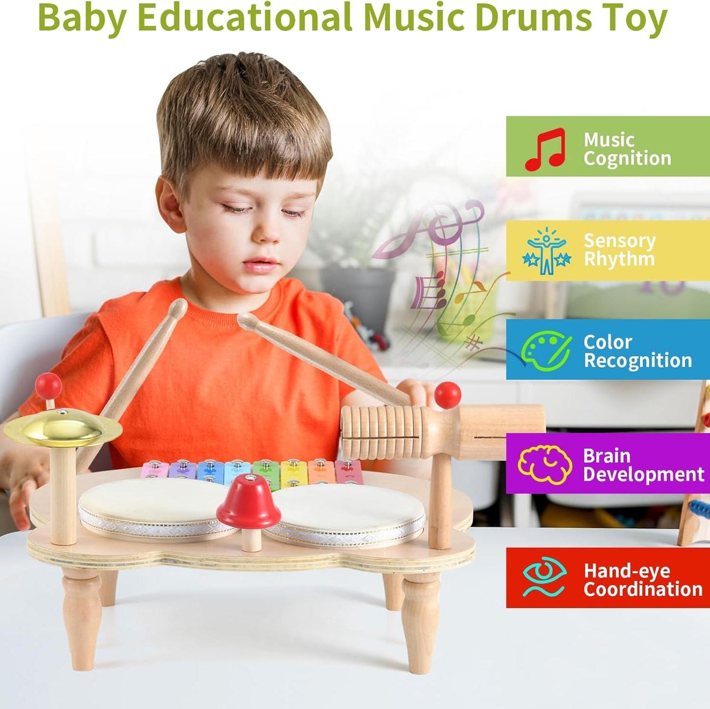 Toddler Drum Set, Xylophone Musical Instruments for Kids, Baby Drums Wood Montessori Music Toy