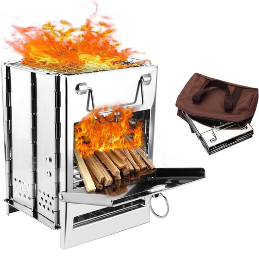 Camping Stove Portable Stainless Steel Backpacking Stove, Folding Lightweight Wood Burning Stove for Outdoor Survival Cooking Picnic Hunting, Mini BBQ Grill with Carry Bag