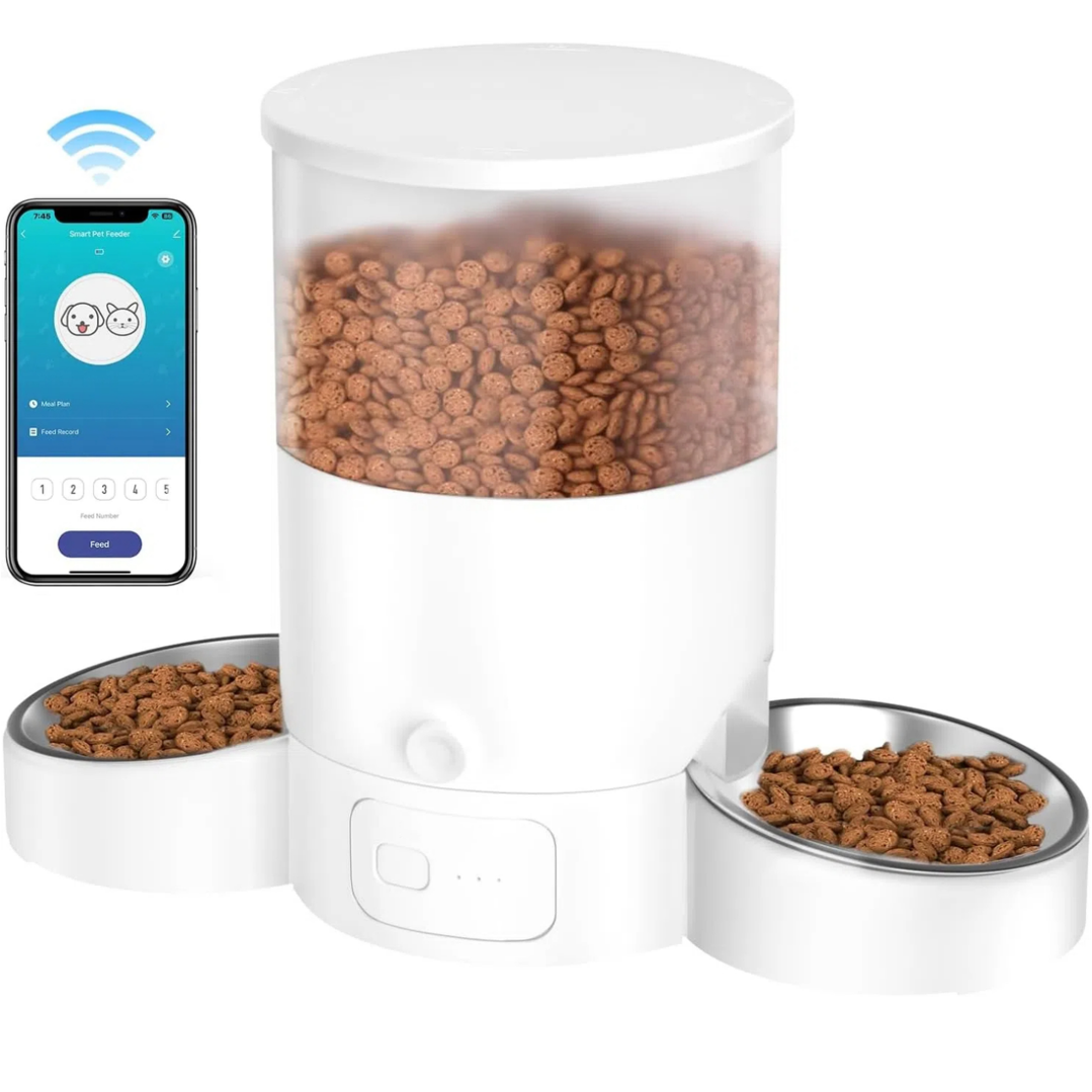 Automatic Cat Feeder, Easy Cleaning Voice Reminder Timed Cat Feeder Dual Power Supply Dual Bowl for Household