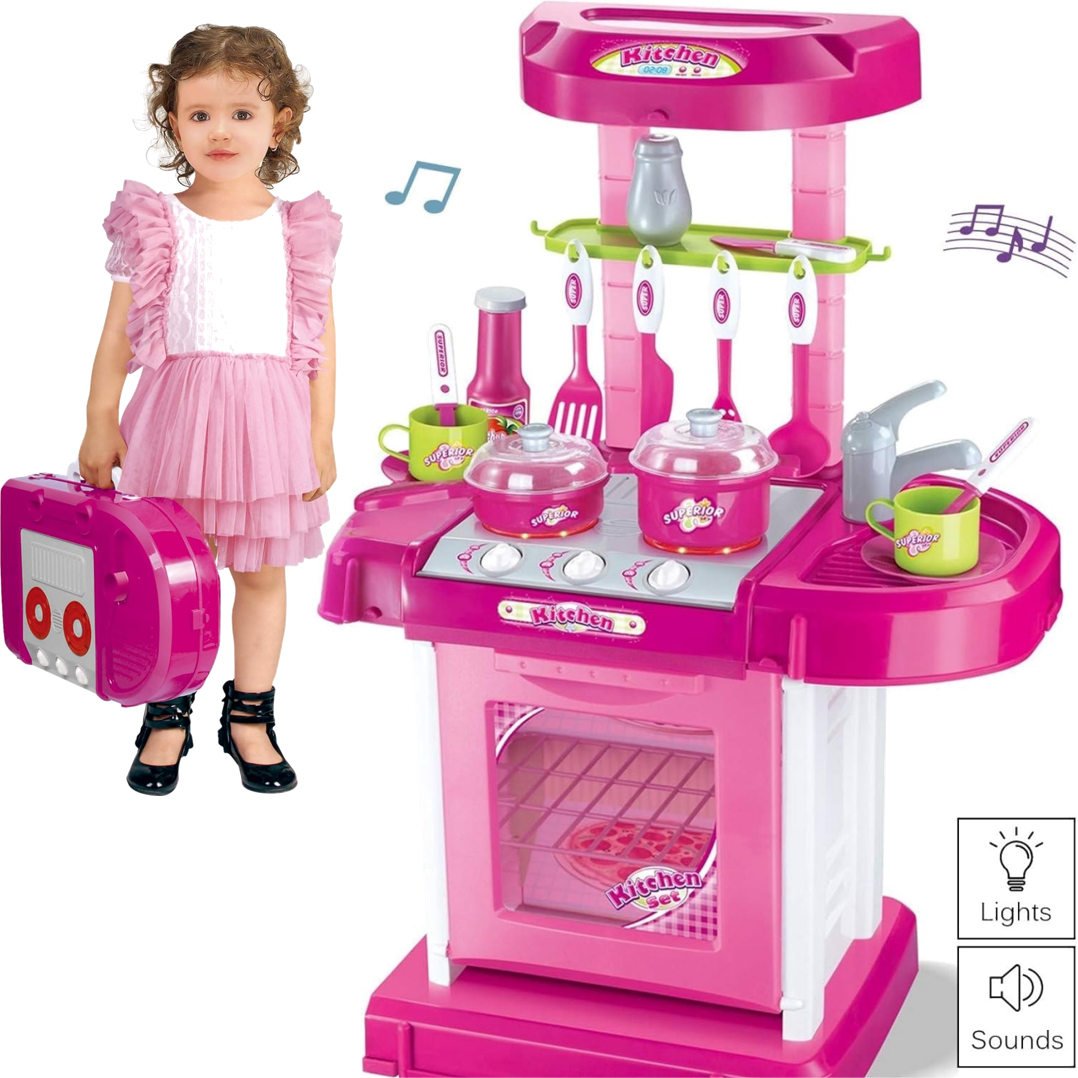 MGAXYFF 28pcs Pretend Play Kitchen, 26Inch Kids Kitchen Playset Toys with Real Lights Sounds, Gift for Toddlers Boys Grlis 2+ Years
