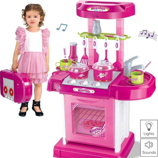 MGAXYFF 28pcs Pretend Play Kitchen, 26Inch Kids Kitchen Playset Toys with Real Lights Sounds, Gift for Toddlers Boys Grlis 2+ Years