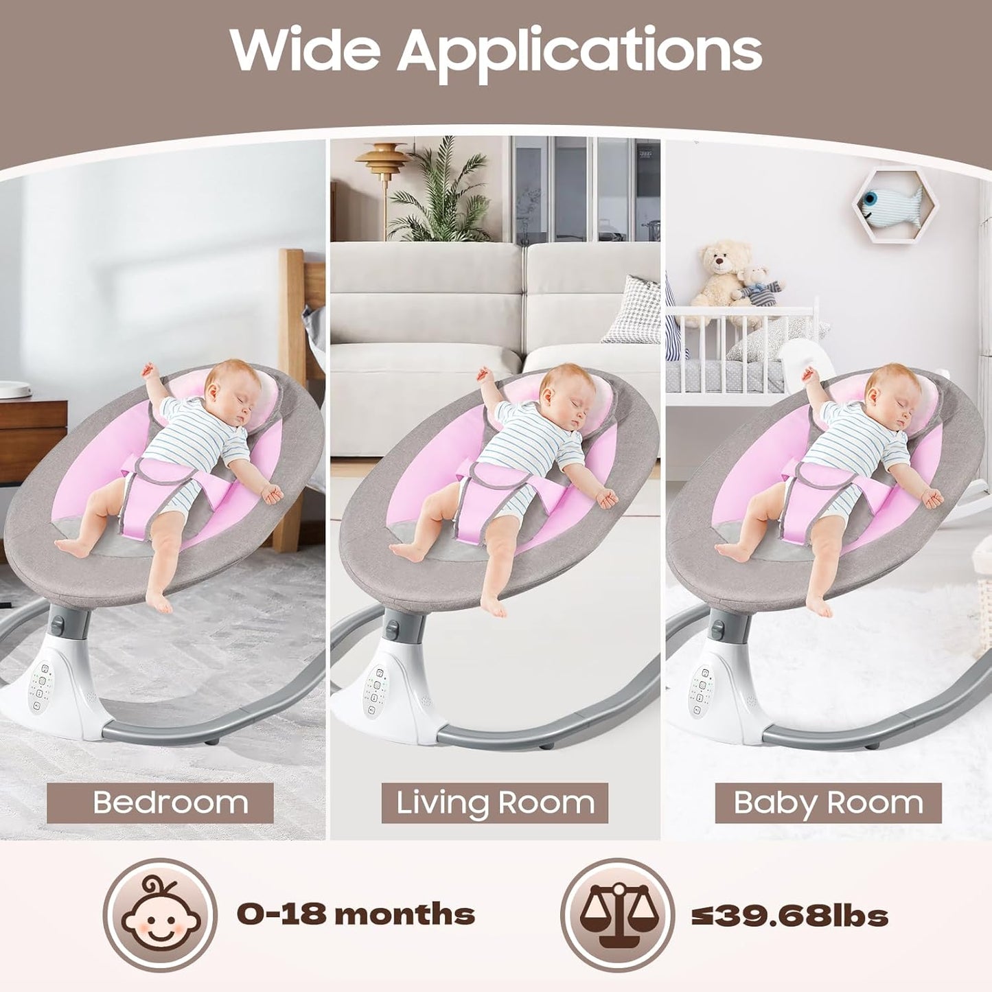 Baby Swings for Infants to Toddler, Electric Baby Swing, Bluetooth Enabled Portable Baby Rocker with Remote Control, 4 Swing Speeds & 12 Lullabies for Newborns 0-18 Months(Pink)