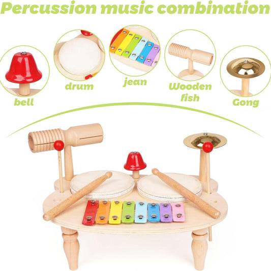 Toddler Drum Set, Xylophone Musical Instruments for Kids, Baby Drums Wood Montessori Music Toy