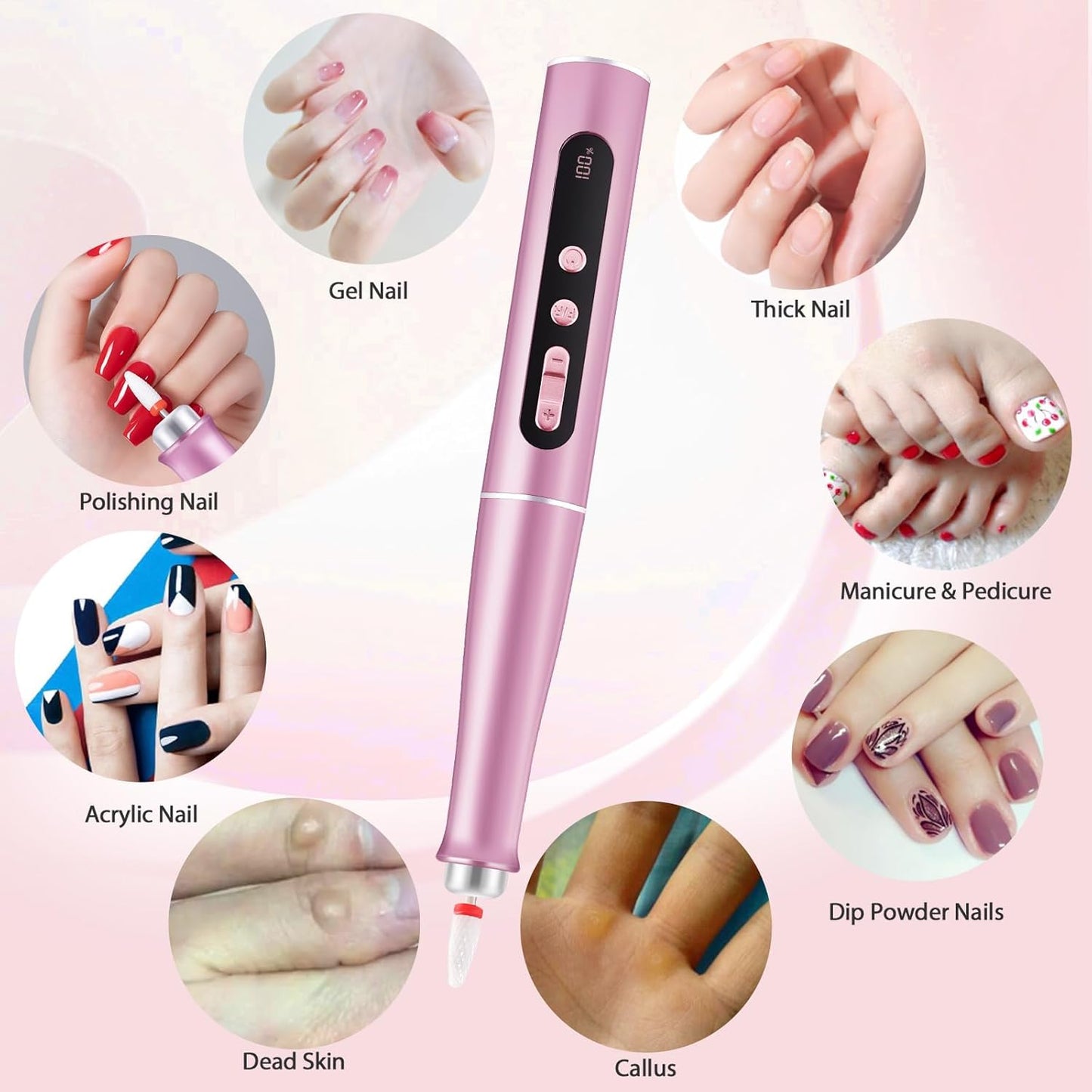 Portable Electric Nail Drill Manicure Pedicure Polishing Shape Tools for Nail Care Beauty Home Salon Use - 35000RPM, Pink
