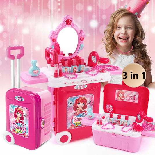 Toddler Vanity Set, 3 in 1 Pretend Princess Girls Vanity Table with Mirror, Lights, Cosmetics and Hair Dryer, Kids Makeup Table Toys Gift for Girls Toddlers Ages 2 3 4 5 6, Pink