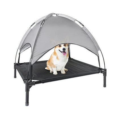 Outdoor Dog Bed with Canopy for Medium Large Dogs, Foldable Elevated Dog Bed, Textilene Mesh, Metal Frame for Indoors, Outdoors, Lawn