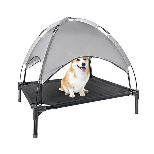 Outdoor Dog Bed with Canopy for Medium Large Dogs, Foldable Elevated Dog Bed, Textilene Mesh, Metal Frame for Indoors, Outdoors, Lawn