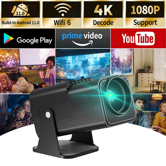 Smart Projector with Android 11.0, Portable Mini Projector with WiFi 6 and Bluetooth, 4K 1080P Full HD Outdoor Movie Projector for Phone/TV Stick/Laptop, Auto Keystone, 180°Adjustable Stand