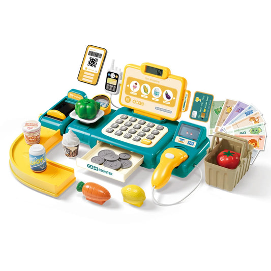 Toy Cash Register for Kids with Calculator, Light and Sound Scanner, Microphone, Pretend Play Shopping Food Toys - Cashier Playset Gifts for Ages 3-10