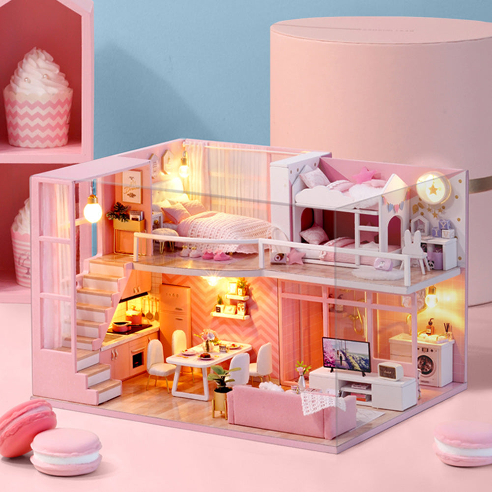 Dollhouse Miniature DIY House Kit Wooden Loft Doll House Apartment Pink Dollhouse Kit for Adults Teens Girls