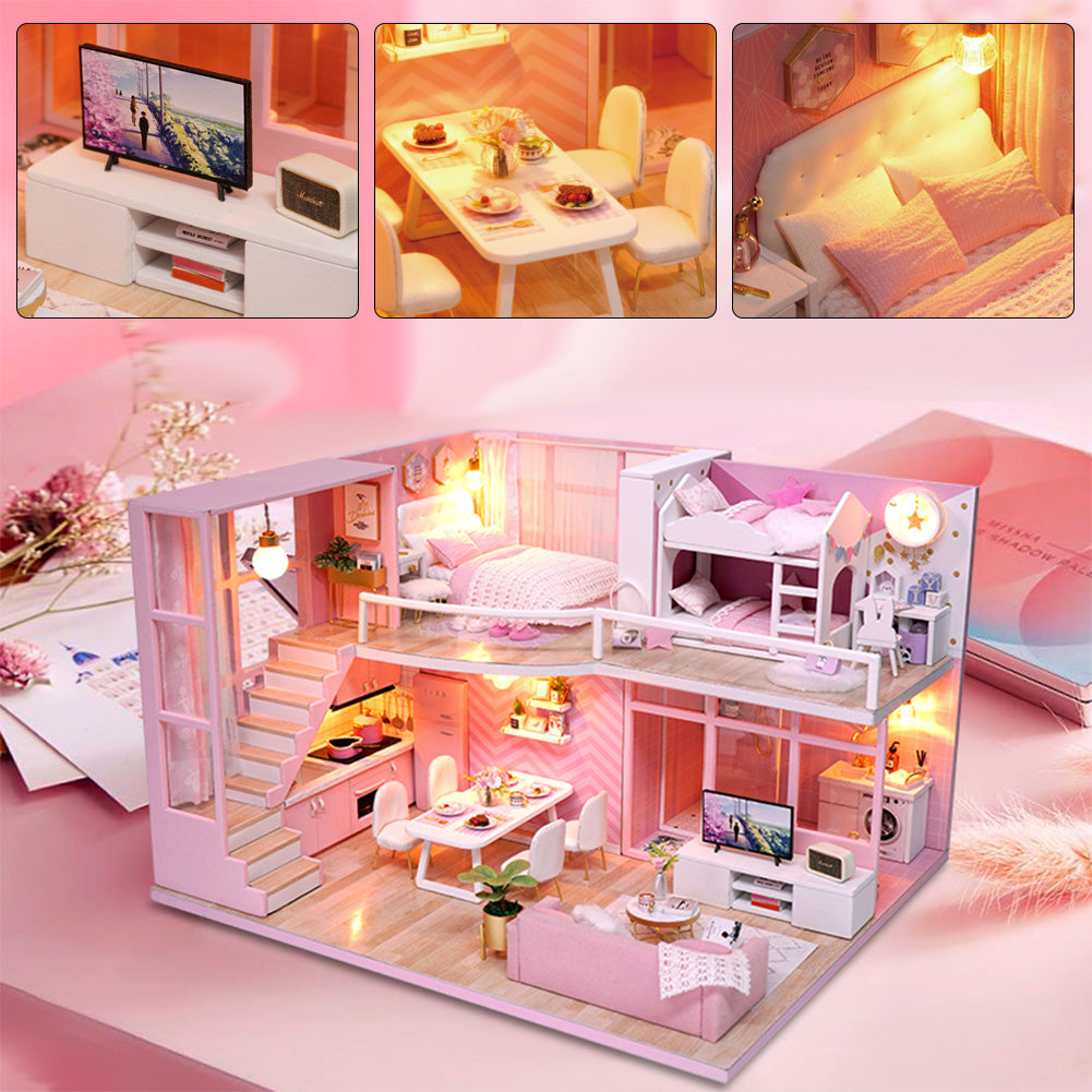 Dollhouse Miniature DIY House Kit Wooden Loft Doll House Apartment Pink Dollhouse Kit for Adults Teens Girls
