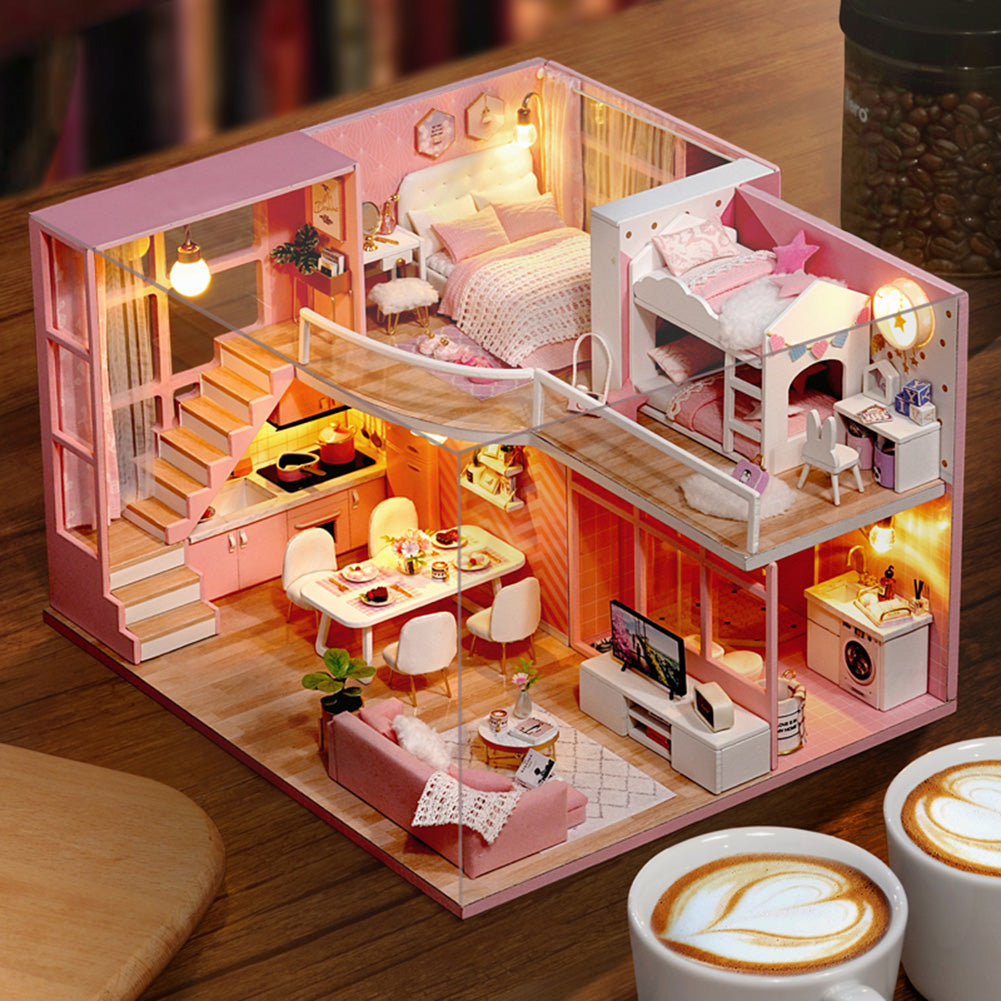 Dollhouse Miniature DIY House Kit Wooden Loft Doll House Apartment Pink Dollhouse Kit for Adults Teens Girls
