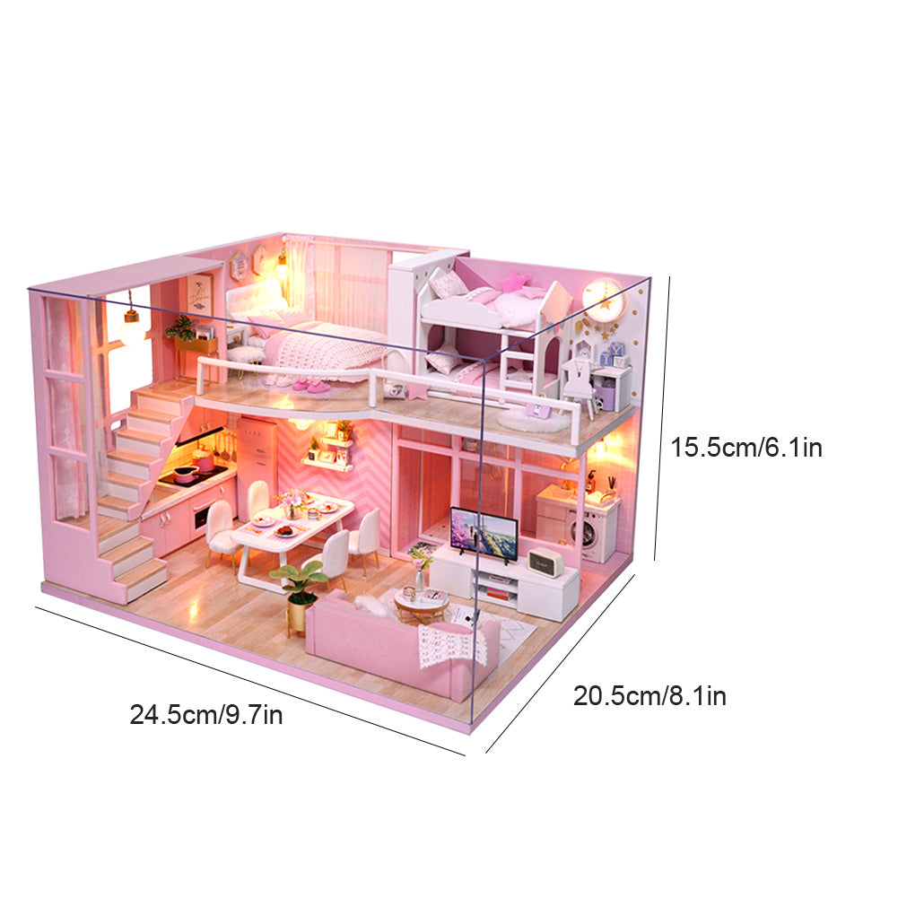 Dollhouse Miniature DIY House Kit Wooden Loft Doll House Apartment Pink Dollhouse Kit for Adults Teens Girls